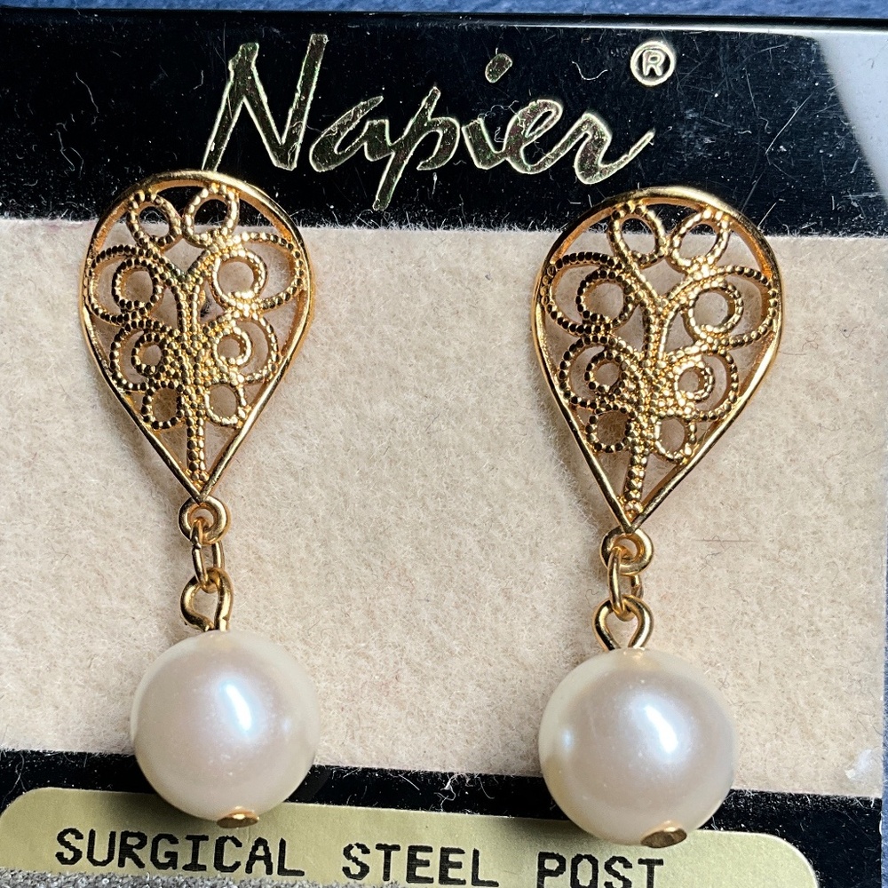 Vintage Napier Faux Pearl GOLD tone Filagree Dangle Earrings - NOS